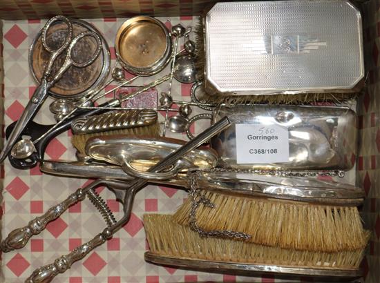 A silver chain purse and other mixed items including clothes brushes, spoons etc.